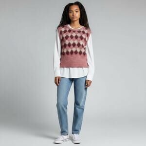 McGregor Vtg Knit Vest USA SZ Med Argyle Pink Burgundy Plaid Lightweight Preppy